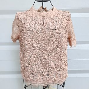 Zara Trafaluc floral lace embroidery back zip short sleeve top size M